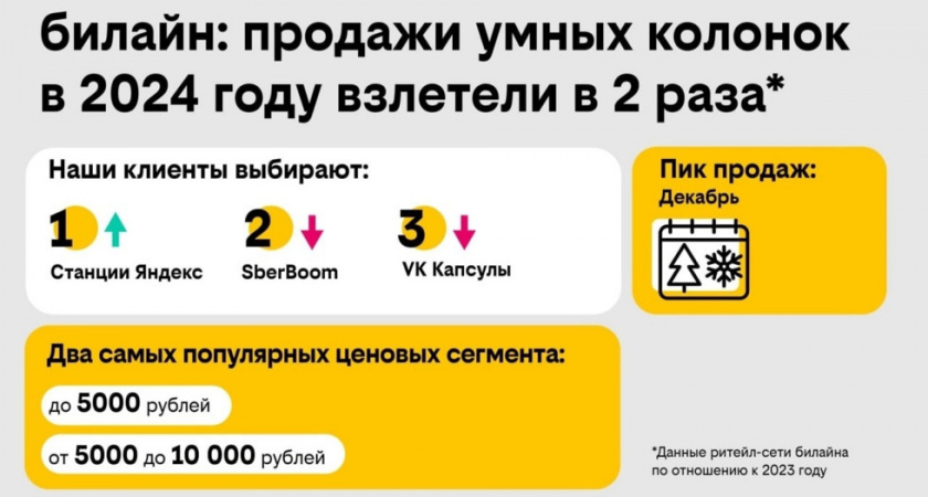 Билайн удвоил продажи умных колонок в 2024 году, Яндекс лидирует на рынке