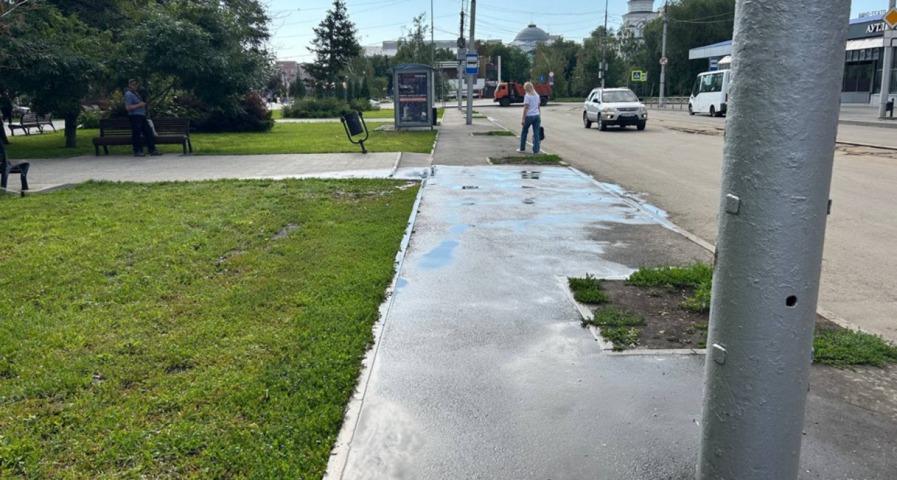 Система автополива в сквере Саратова заливает пешеходные дорожки