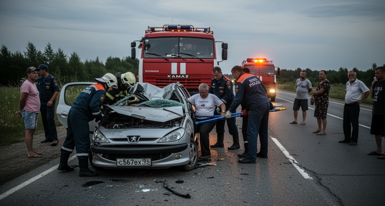 Спасатели гидравликой извлекали 45-летнего водителя из покореженного Peugeot после столкновения с КамАЗом
