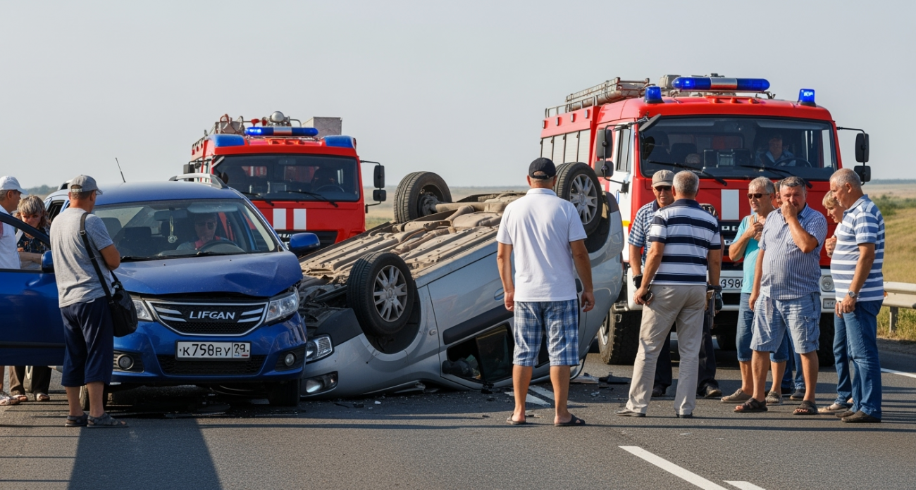 На трассе под Саратовом Lada Largus опрокинулась после столкновения с Lifan: женщина госпитализирована