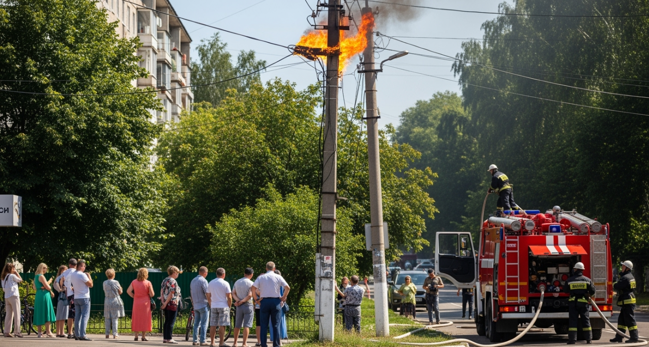 Провод загорелся прямо на столбе у дома в центре Саратова