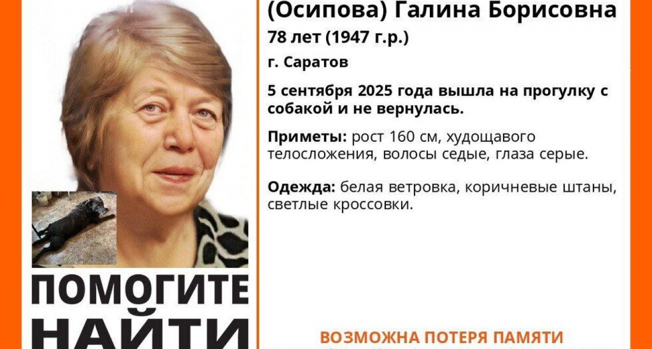 78-летняя жительница Саратова пропала с собакой во время вечерней прогулки