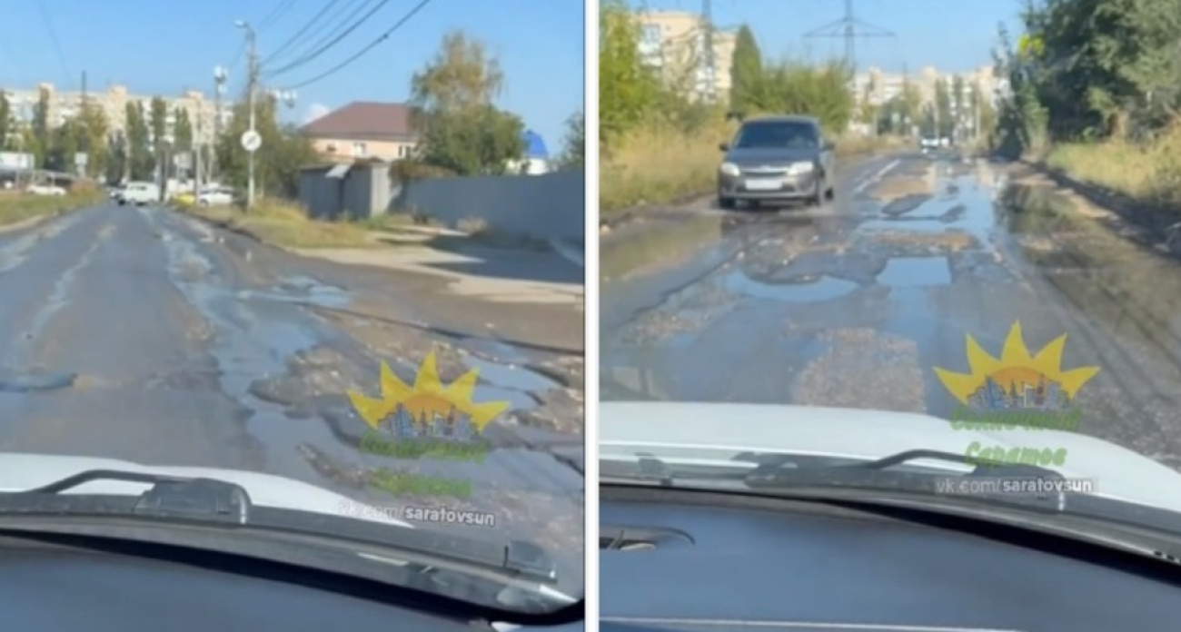 "Скорая помощь" выезжает по разбитой дороге с заплатками на Перспективной в Саратове