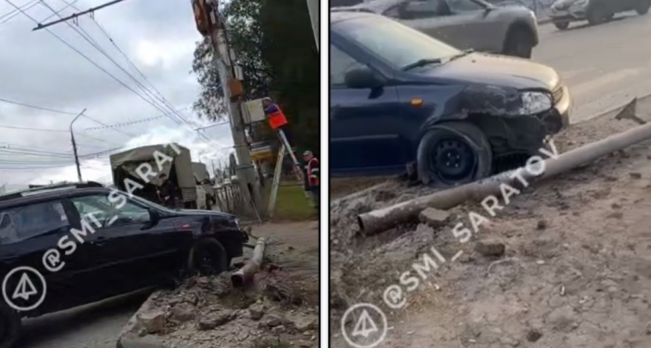"Лада Калина" повалила столб на Московском шоссе в Саратове — обошлось без жертв