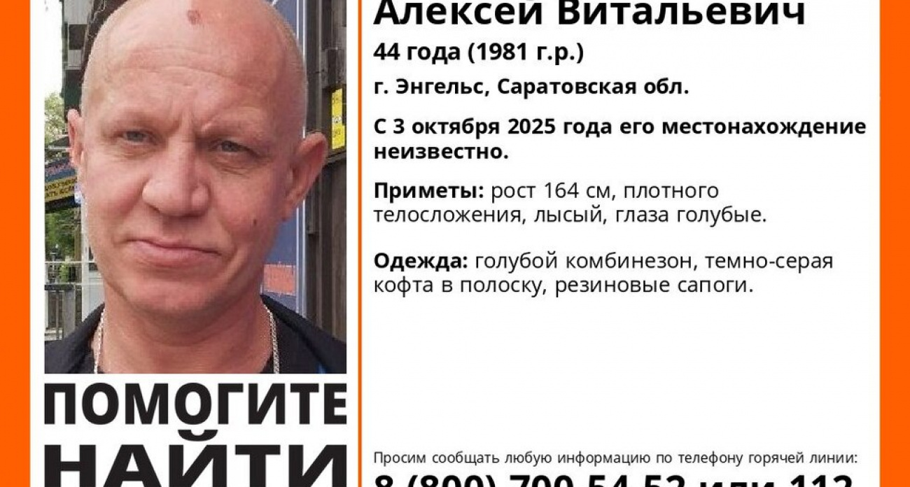 "Лиза Алерт" ищет 44-летнего лысого мужчины в голубом комбинезоне, пропавшего неделю назад
