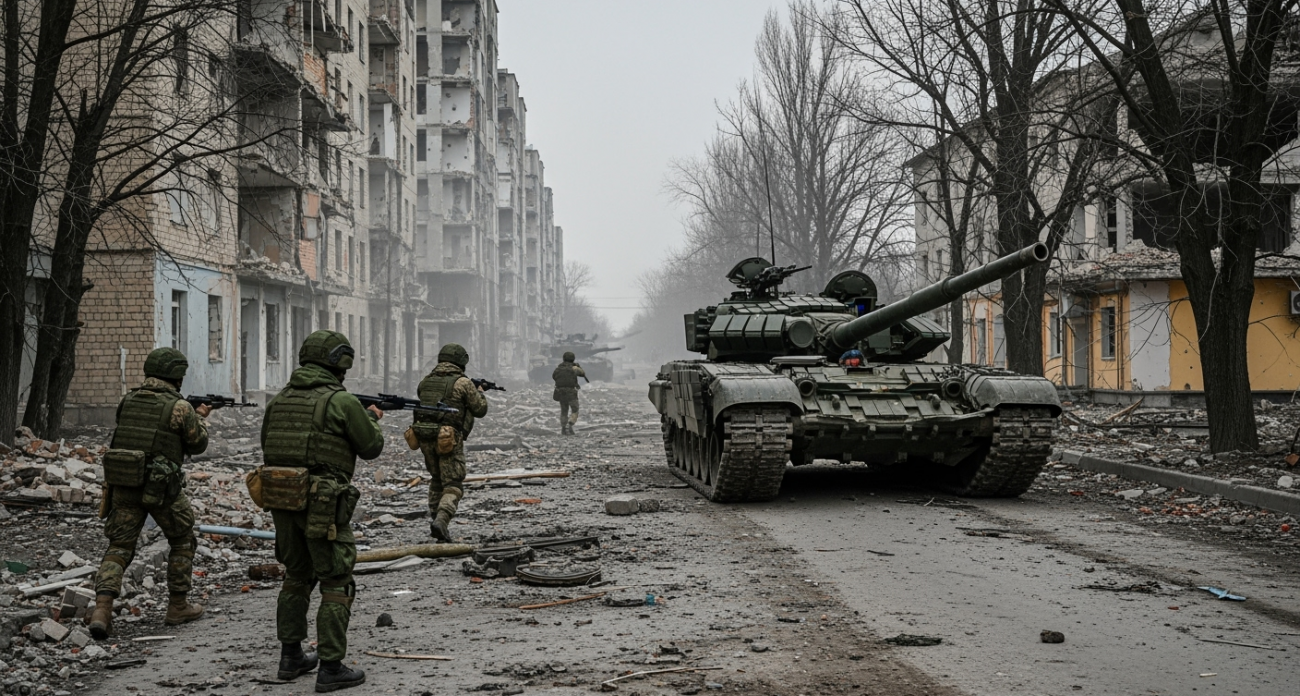 Танки Т-80 прокладывают путь к западной части Красноармейска под контролем дронов