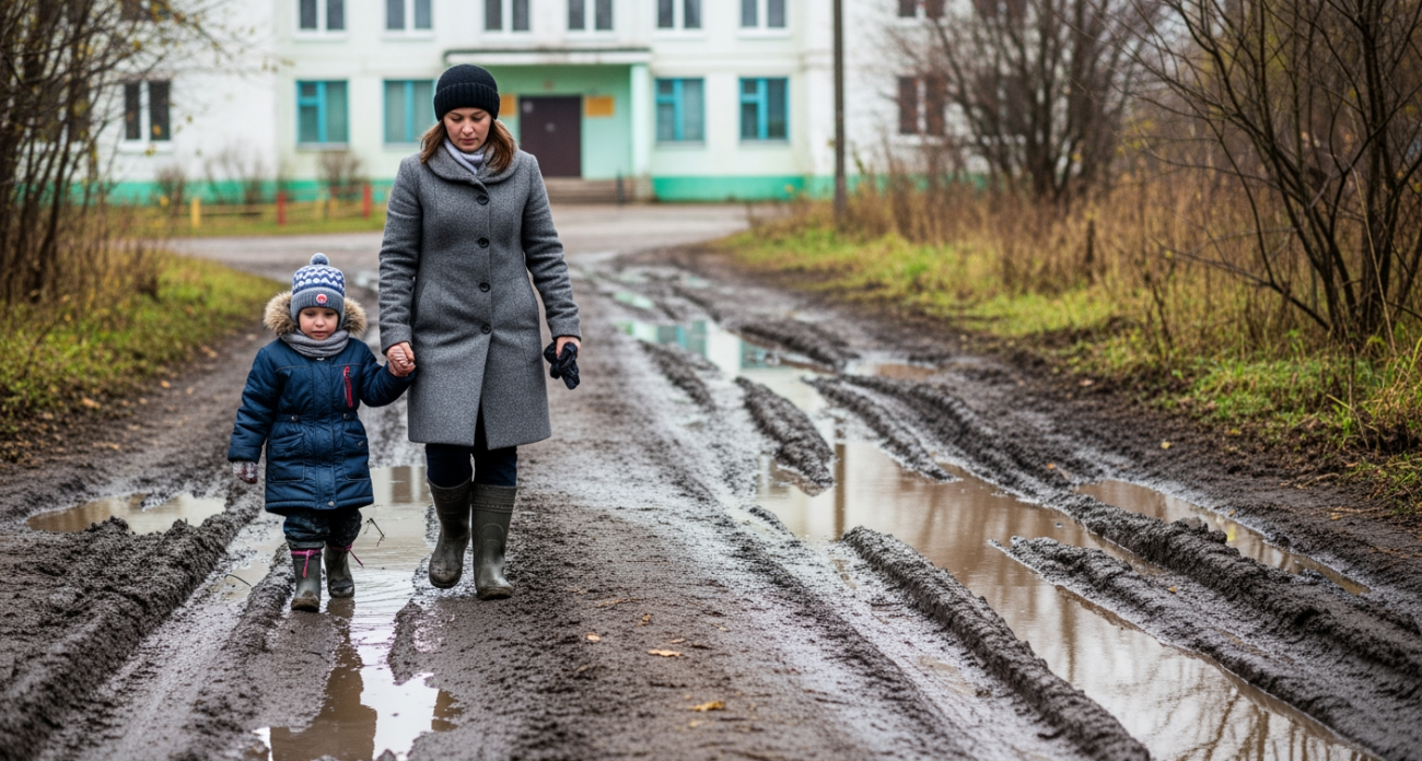 «По колено в грязи с ребенком»: путь к детсаду №181 превратился в болото после благоустройства сквера