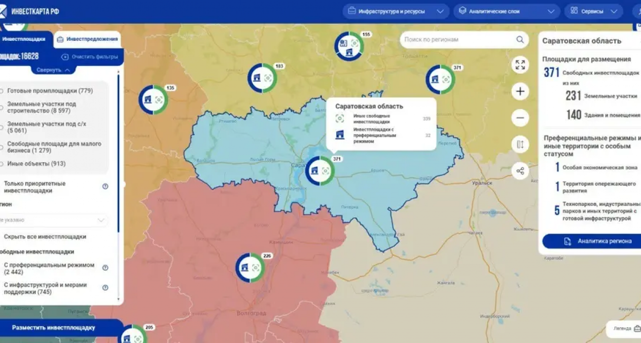371 площадка для бизнеса: Саратовская область запустила цифровую карту инвестора