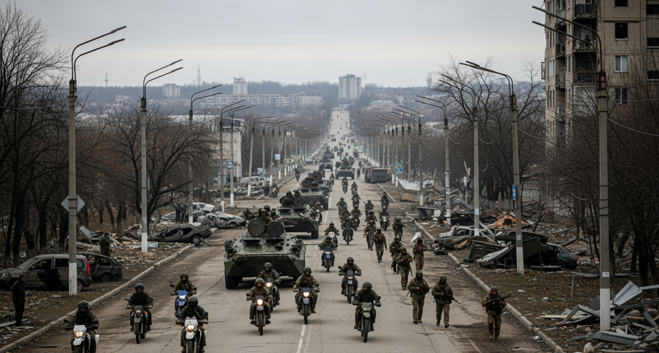 Десятки штурмовиков на мотоциклах колоннами вошли в Красноармейск под прикрытием непогоды