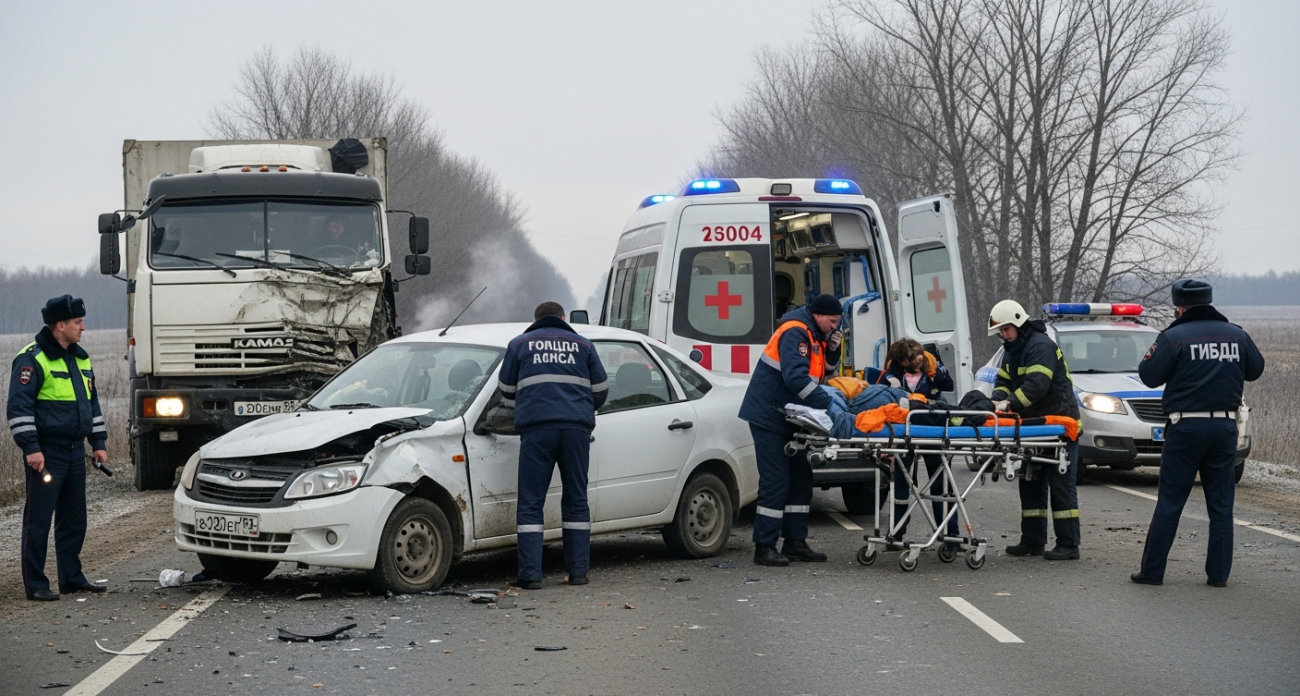 28-летний водитель "Лады Гранты" госпитализирован после столкновения с КамАЗом под Саратовом