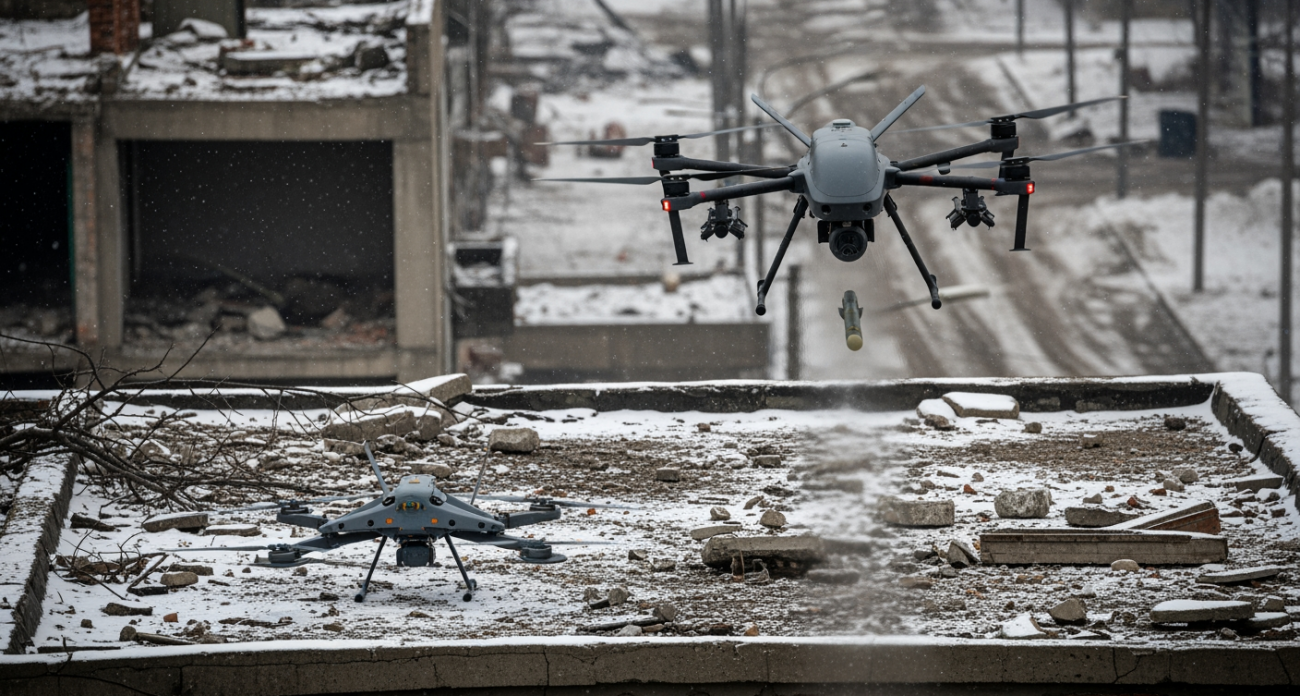 Российские операторы БПЛА охотятся на замаскированные дроны ВСУ на крышах домов