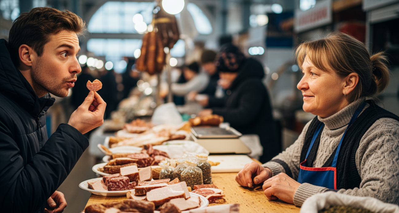 Иностранец впервые попробовал наше сало и впал в ступор, а затем выдал такое, что рынок аплодировал стоя