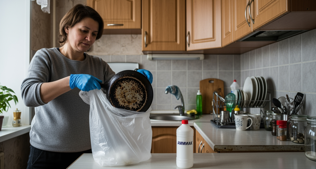 Заворачиваю сковородку в обычный пакет на ночь и забываю про чистку — блестит как новая без всяких усилий