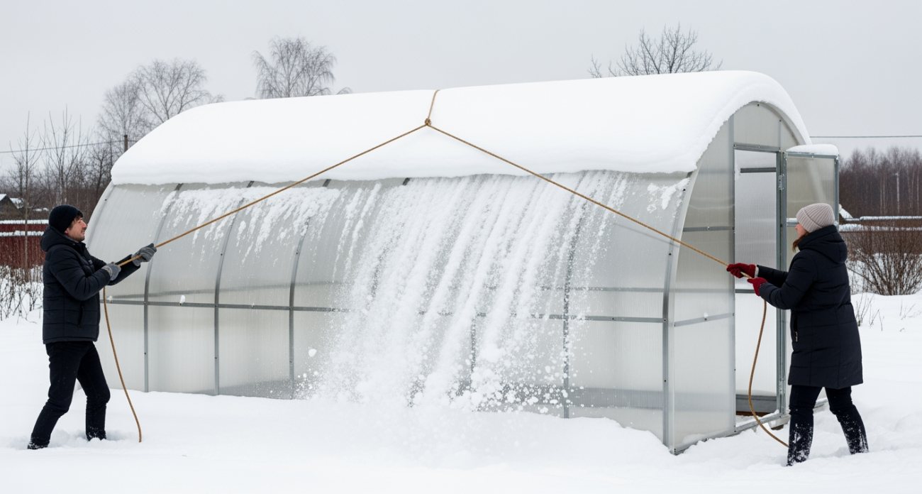 Старый трюк садоводов: как очистить теплицу от снега за полминуты без инструментов