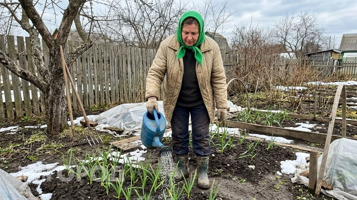 Как только тает снег беру ведро воды и добавляю туда одно средство — чеснок стоит зелёный и крупный до самого сбора