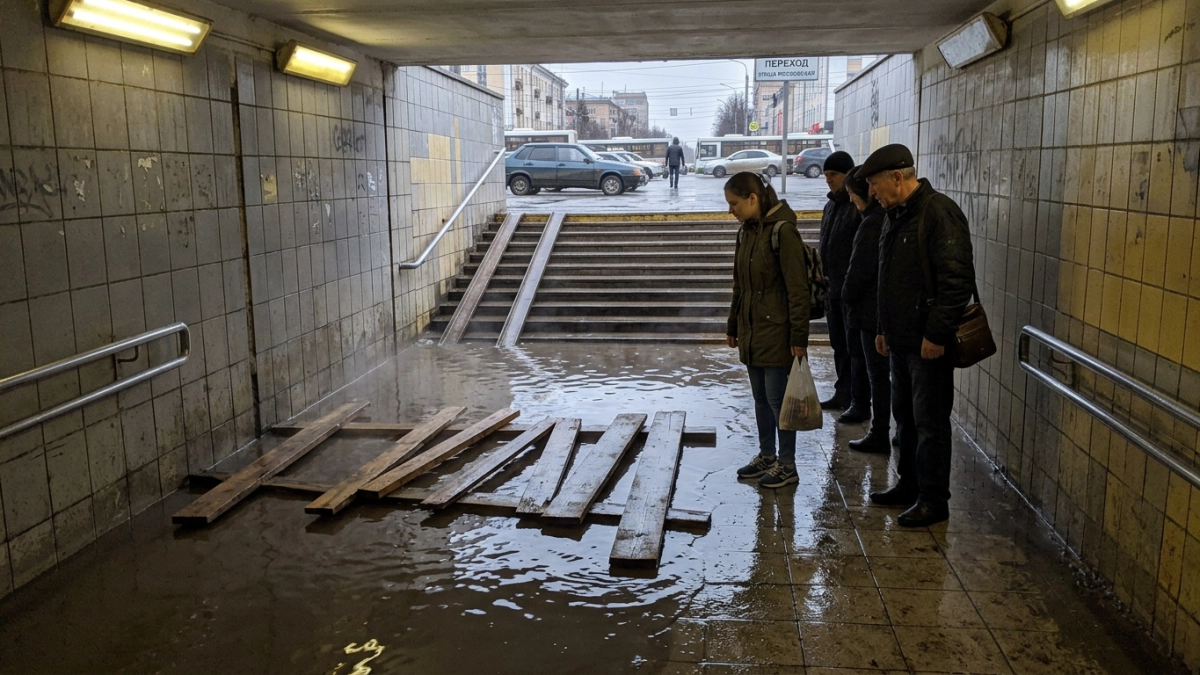 Затопленный переход у «Тау Галереи» дымится и неделю остаётся без ограждений