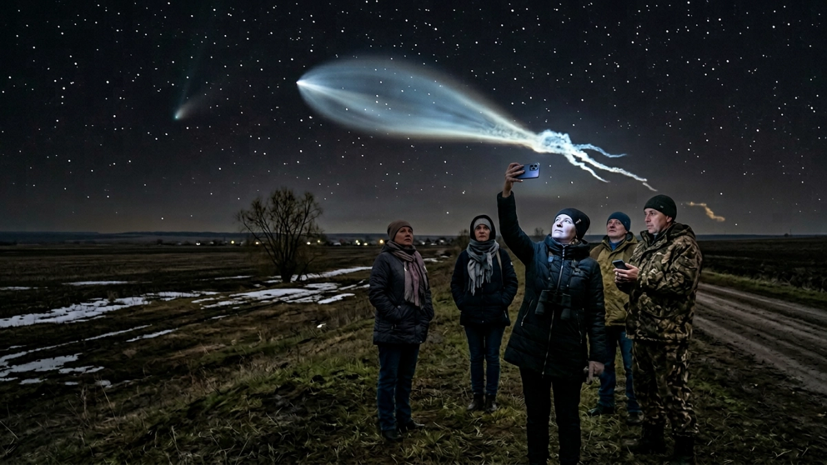 Саратовцы засняли след ракеты «Союз» в виде медузы на фоне кометы