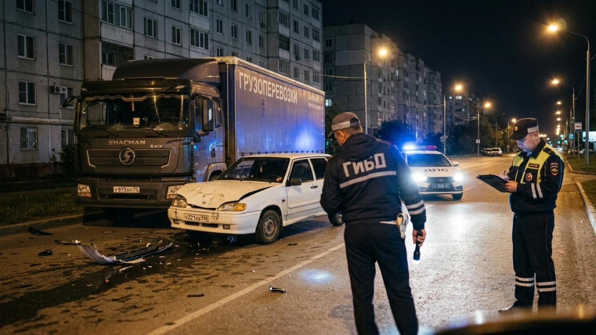 ВАЗ с тремя молодыми людьми врезался в грузовик ночью в Саратове