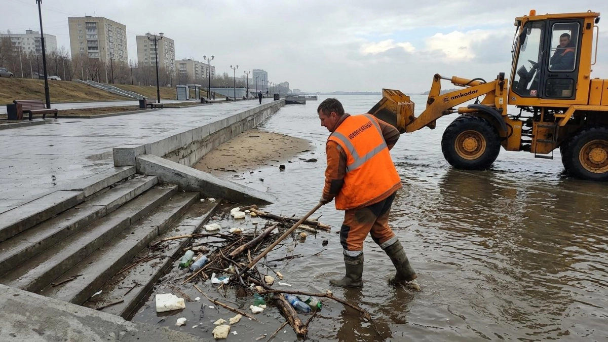 В Саратове убирают мусор с затопленной набережной Октябрьского района