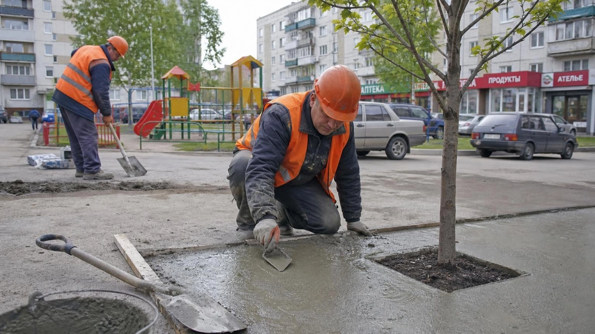 В Саратове при благоустройстве бетоном залили приствольный квадрат у дерева