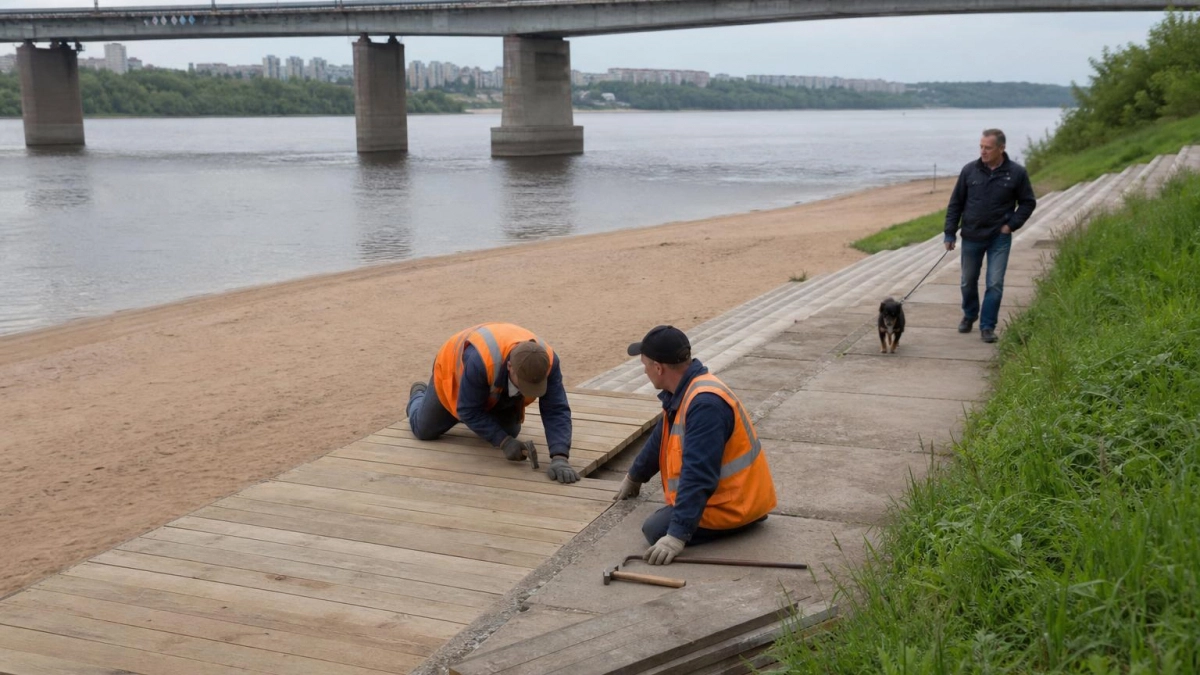 Волга разрушила спуск к пляжу «Городские пески» под мостом Саратов-Энгельс